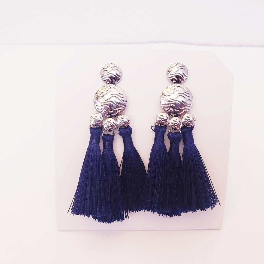 Silver and Blue Tassel Earrings